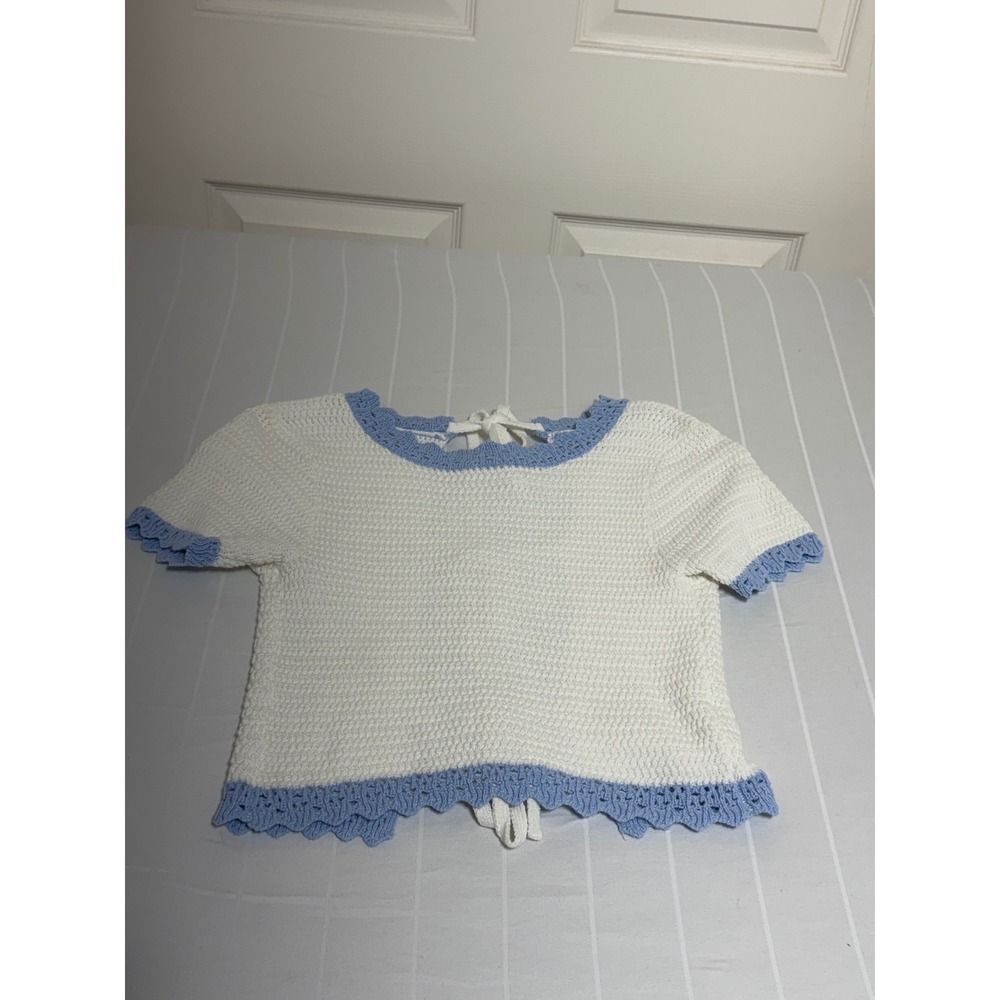 Altar'd State Crochet Knit Open Back Tie Top White Blue Scalloped Trim XS